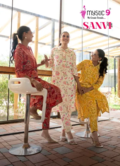 Mystic9 Saanvi Vol 1 - Readymade Dress catalog cover featuring three models in different printed kurti and pant sets.