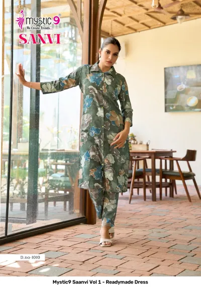 Mystic9 Saanvi Vol 1 - Readymade Dress, sage green printed kurti and matching pant set with abstract floral pattern.
