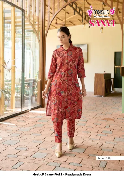 Mystic9 Saanvi Vol 1 - Readymade Dress, rust orange printed kurti and matching pant set with geometric pattern.