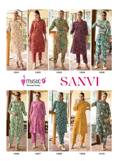 Mystic9 Saanvi Vol 1 - Readymade Dress catalog collage showing ten different kurti and pant sets with various prints.