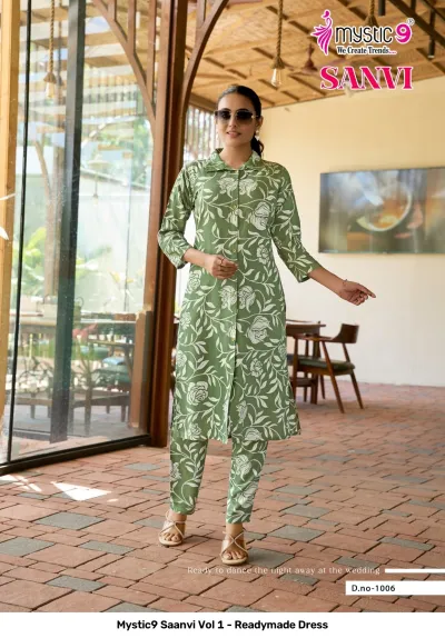 Mystic9 Saanvi Vol 1 - Readymade Dress, green printed kurti and matching pant set with leaf pattern.
