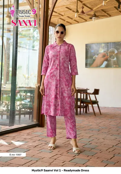 Mystic9 Saanvi Vol 1 - Readymade Dress, pink printed kurti and matching pant set with abstract floral pattern.