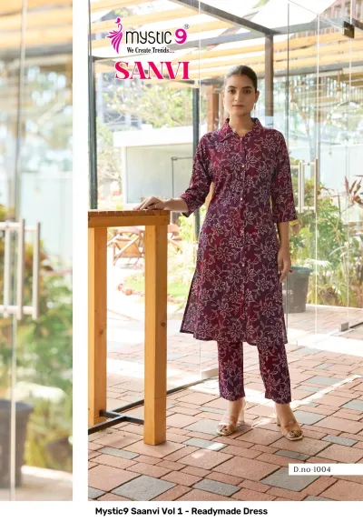 Mystic9 Saanvi Vol 1 - Readymade Dress, deep purple printed kurti and matching pant set with floral pattern.