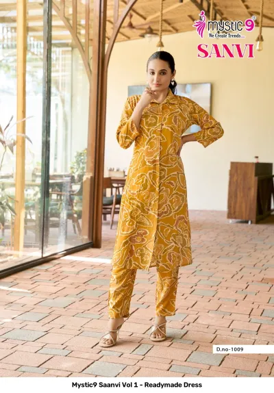 Mystic9 Saanvi Vol 1 - Readymade Dress, mustard yellow printed kurti and matching pant set with abstract pattern.