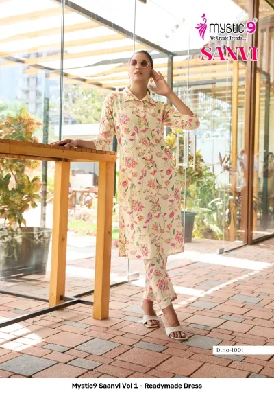 Mystic9 Saanvi Vol 1 - Readymade Dress, cream printed kurti and matching pant set with floral pattern.