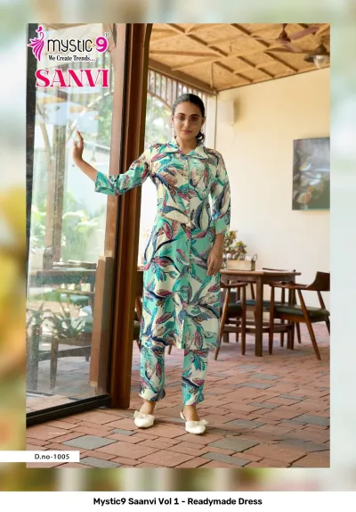 Mystic9 Saanvi Vol 1 - Readymade Dress, light blue and multicolored printed kurti and matching pant set with leaf pattern.