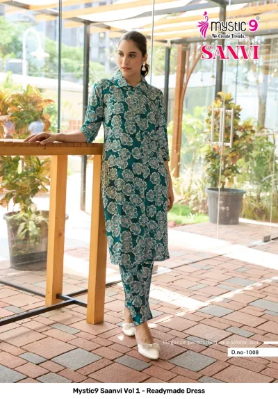 Mystic9 Saanvi Vol 1 - Readymade Dress, teal green printed kurti and matching pant set with floral pattern.