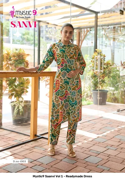Mystic9 Saanvi Vol 1 - Readymade Dress, multicolored patterned kurti and matching pant set with paisley and ethnic prints.