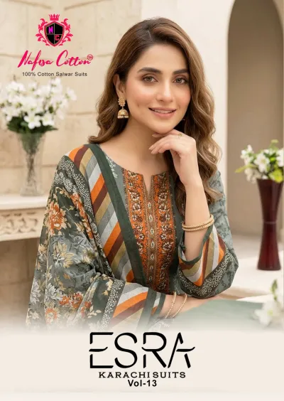 Nafisa Esra Vol 19: Close-up portrait of model wearing a printed olive-green salwar suit with orange accents and traditional jewelry.