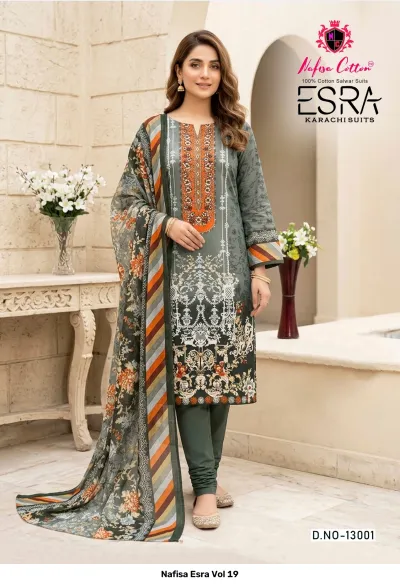 Nafisa Esra Vol 19: Full shot of model wearing a printed olive-green cotton salwar suit with an orange striped dupatta and trousers.