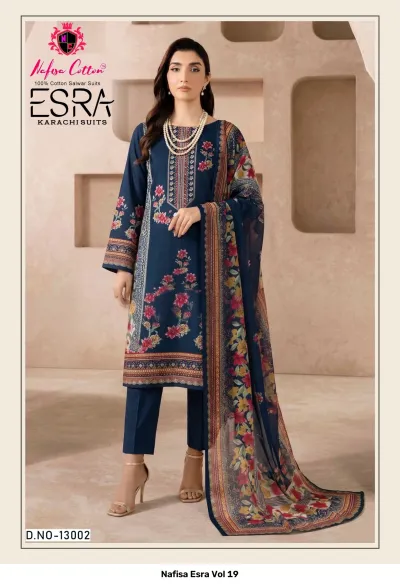 Nafisa Esra Vol 19: Full shot of model in a navy blue printed cotton salwar suit with a floral dupatta and matching trousers.