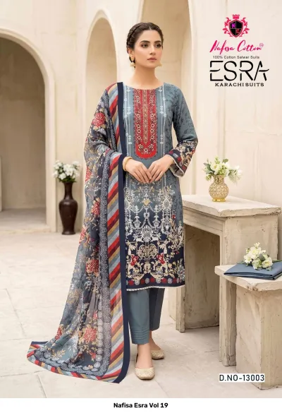 Nafisa Esra Vol 19: Full shot of model wearing a grey-blue printed cotton salwar suit featuring an orange neck panel and printed dupatta.