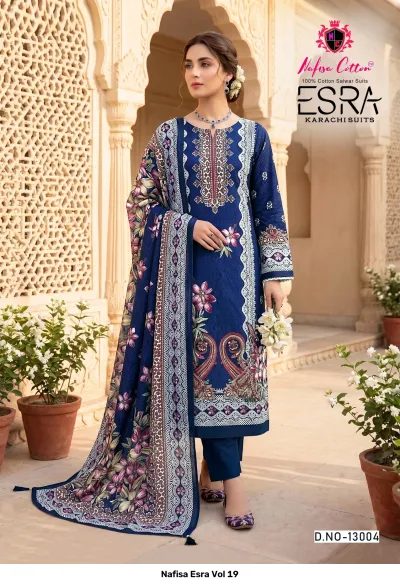 Nafisa Esra Vol 19: Full shot of model in a royal blue printed cotton salwar suit with intricate floral patterns and a matching dupatta.