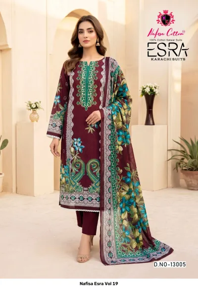 Nafisa Esra Vol 19: Full shot of model wearing a maroon printed cotton salwar suit with floral details, a geometric neck, and matching dupatta.