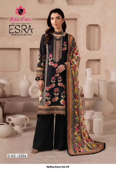 Nafisa Esra Vol 19: Full shot of model in a black printed cotton salwar suit with floral motifs, black wide-leg trousers, and a floral dupatta.