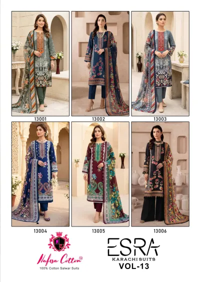 Nafisa Esra Vol 19: Catalog collage displaying six various printed cotton salwar suit designs from the collection.