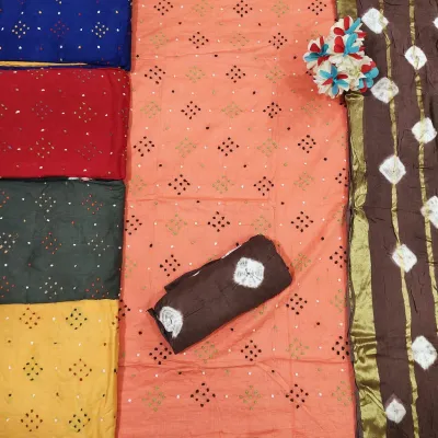 Nemi Satin 4 Design Work: A display of dress material sets in peach, blue, red, green, yellow, and brown, featuring printed bandhani and striped patterns.