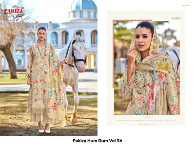 Pakiza Hum Dum Vol 36: A woman standing by a horse wearing a green floral printed salwar suit with dark embroidery.