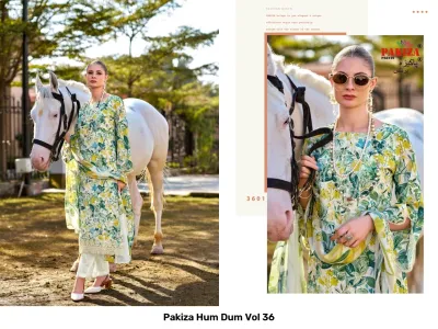 Pakiza Hum Dum Vol 36: A woman standing next to a horse, wearing a green floral printed kurti and matching trousers.
