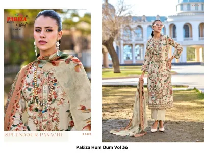 Pakiza Hum Dum Vol 36: A woman wearing a beige floral printed salwar suit with a printed dupatta and pearl necklace.
