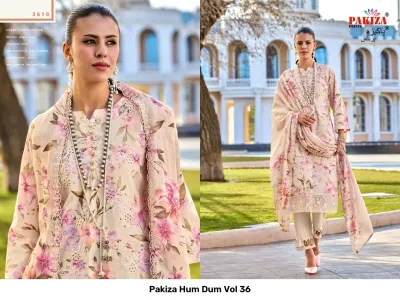 Pakiza Hum Dum Vol 36: A woman wearing a beige floral printed salwar suit with lace detailing and a matching dupatta.