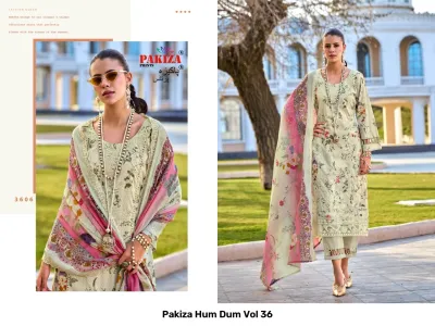 Pakiza Hum Dum Vol 36: A woman wearing a pale green floral printed salwar suit with a pink-trimmed dupatta and pearls.