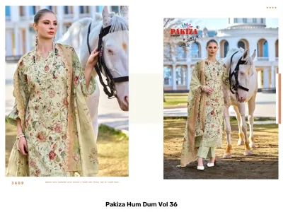 Pakiza Hum Dum Vol 36: A woman in a light green floral printed salwar suit with white trousers and a matching dupatta.