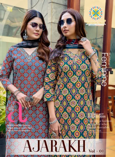 Passion Tree Ajarakh Vol 1 catalog cover featuring two models in printed salwar suits with ethnic patterns and embroidery work.