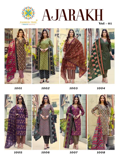 Passion Tree Ajarakh Vol 1 catalog collage showing eight different printed cotton salwar suits with varied patterns and color palettes.