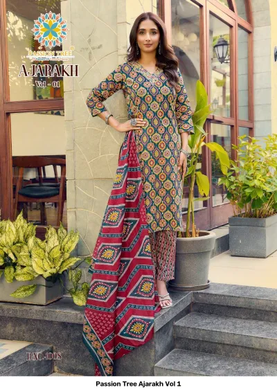 Passion Tree Ajarakh Vol 1 green printed cotton salwar suit with geometric patterns, dupatta, and subtle neck embroidery work.
