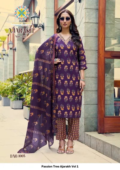 Passion Tree Ajarakh Vol 1 purple printed cotton salwar suit with floral motifs, matching patterned pants, and a coordinated dupatta.
