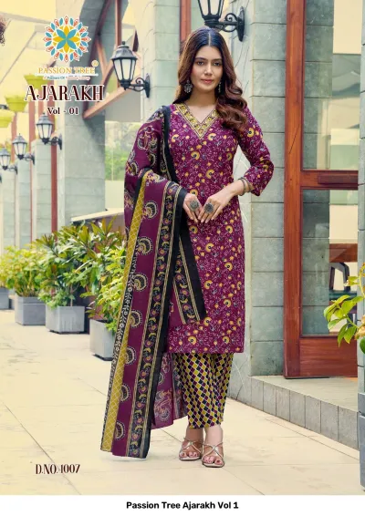 Passion Tree Ajarakh Vol 1 purple printed cotton salwar suit with geometric kurti, patterned trousers, and a bordered dupatta.