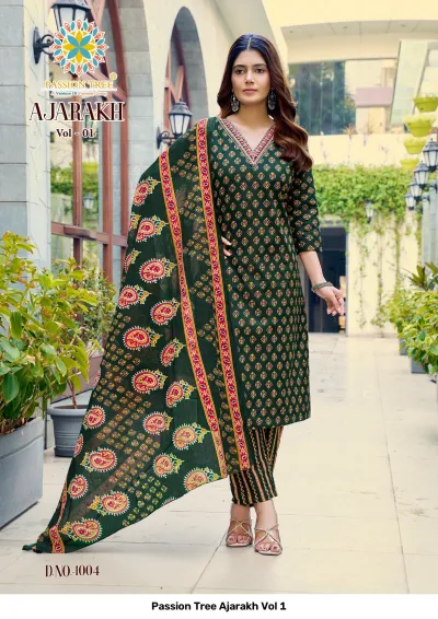 Passion Tree Ajarakh Vol 1 green printed cotton salwar suit with paisley patterns, straight cut kurti, and geometric trousers.