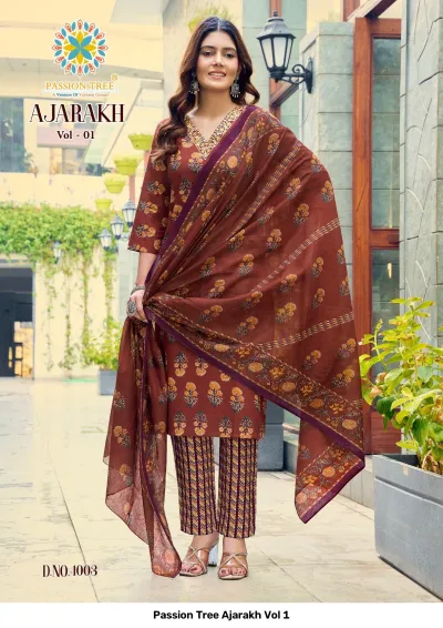 Passion Tree Ajarakh Vol 1 brown printed cotton salwar suit with floral kurti, striped trousers, and a sheer dupatta.