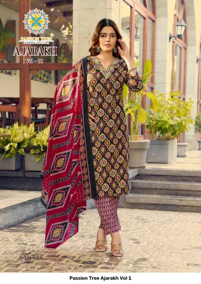Passion Tree Ajarakh Vol 1 black printed cotton salwar suit featuring geometric patterns, a vibrant dupatta, and straight cut kurti.