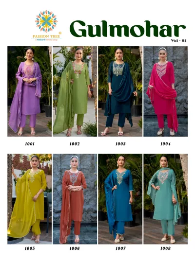 Passion Tree Gulmohar Vol 1: Catalog collage displaying eight variations of salwar suits with thread work embroidery in different colors.