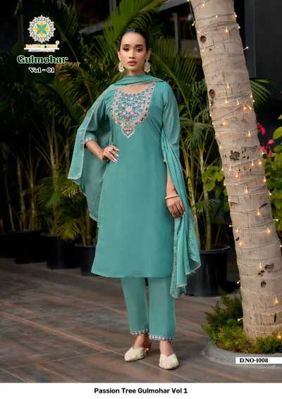 Passion Tree Gulmohar Vol 1: Teal blue salwar suit with intricate thread work on the neckline, matching pants, and a matching dupatta.