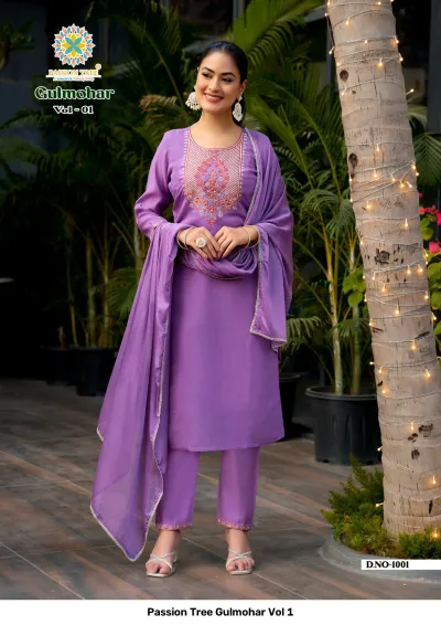 Passion Tree Gulmohar Vol 1: Purple salwar suit with floral thread work embroidery on the neckline, matching pants, and a plain dupatta.