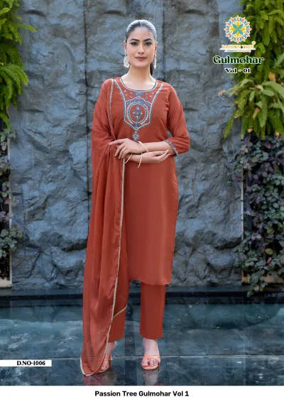 Passion Tree Gulmohar Vol 1: Rust orange salwar suit featuring circular patterned thread work on the neckline, matching pants, and a matching dupatta.