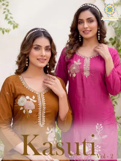 Passion Tree Kasuti Vol 2 catalog cover featuring two women wearing brown and pink salwar suits with floral thread work embroidery.
