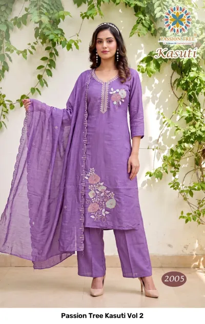Passion Tree Kasuti Vol 2 purple salwar suit with floral thread work embroidery, straight cut kurti, trousers, and dupatta.