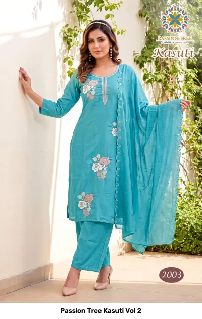 Passion Tree Kasuti Vol 2 teal blue salwar suit with floral thread work embroidery, straight cut kurti, trousers, and dupatta.