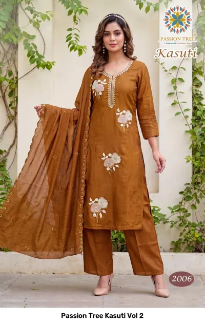 Passion Tree Kasuti Vol 2 brown salwar suit with floral thread work embroidery, straight cut kurti, trousers, and dupatta.