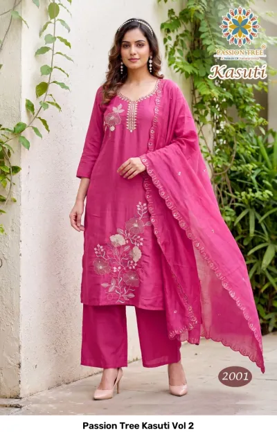 Passion Tree Kasuti Vol 2 pink salwar suit with floral thread work embroidery, straight cut kurti, trousers, and dupatta.