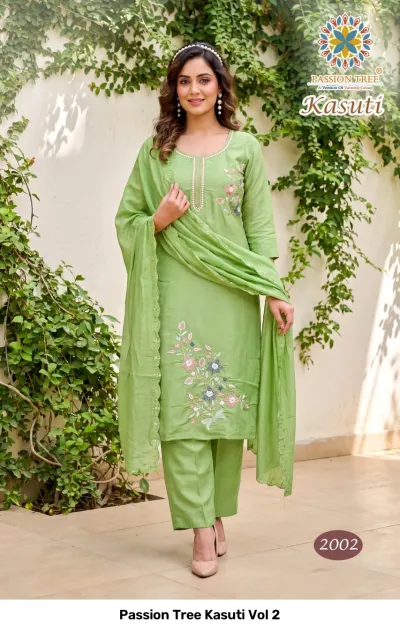 Passion Tree Kasuti Vol 2 light green salwar suit with floral thread work embroidery, straight cut kurti, trousers, and dupatta.