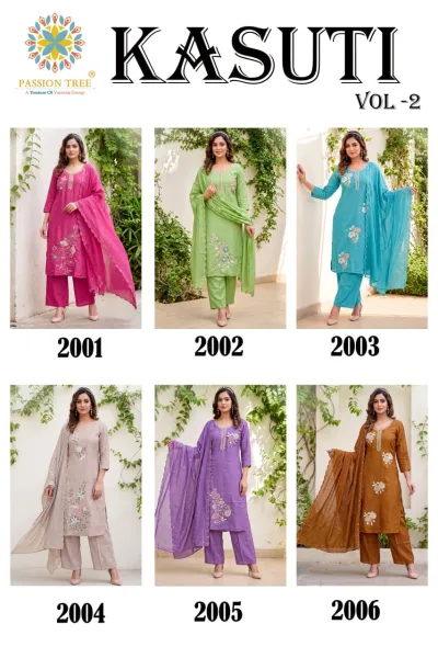 Passion Tree Kasuti Vol 2 catalog collage showing six different colored salwar suits with floral embroidery.