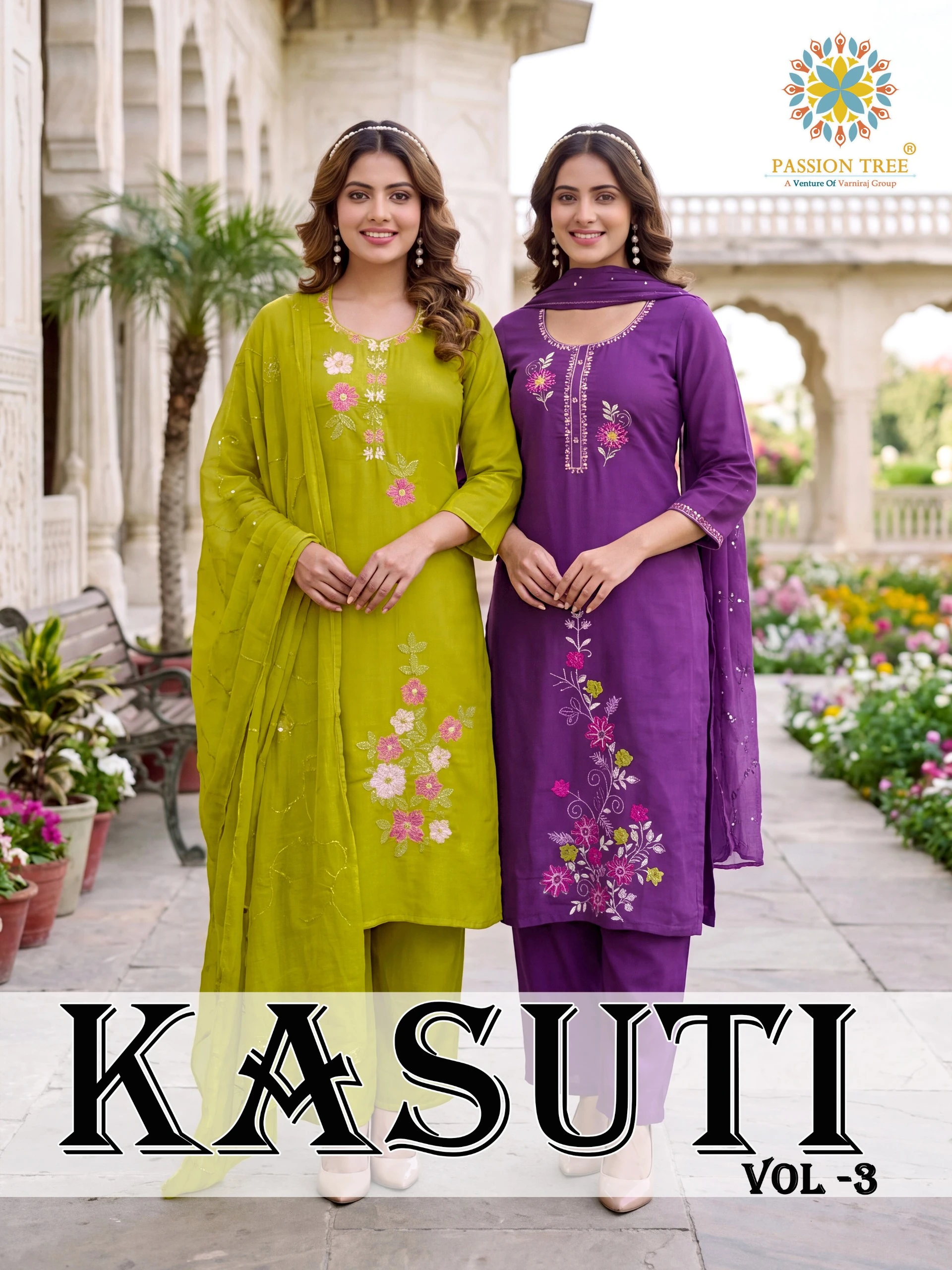 Passion Tree Kasuti Vol 3 catalog cover featuring models in lime green and purple salwar suits with floral thread work embroidery.