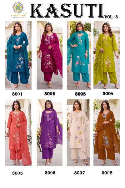Passion Tree Kasuti Vol 3 catalog collage showing multiple salwar suits with floral thread work, matching palazzos, and dupattas in various colors.