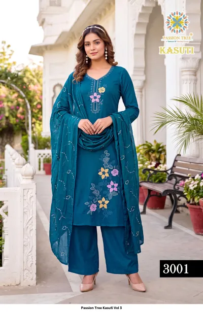 Passion Tree Kasuti Vol 3 teal salwar suit with floral thread work, palazzo pants, and a matching dupatta with subtle embellishments.