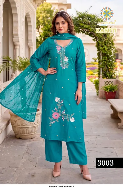 Passion Tree Kasuti Vol 3 teal salwar suit with floral thread work, matching palazzo pants, and a coordinated dupatta with subtle work.